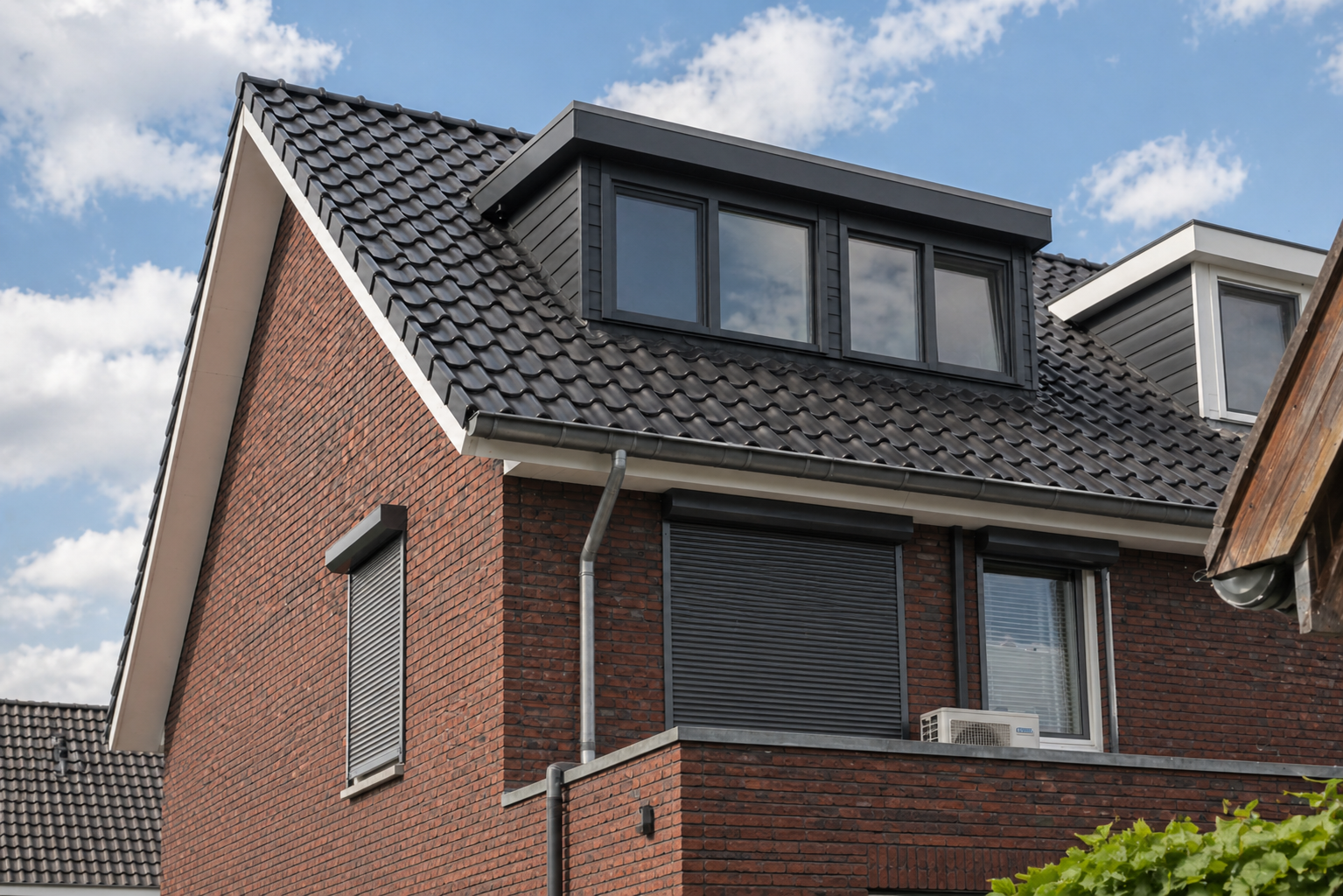 Brede kunststof dakkapel met meerdere raamvakken op een pannendak