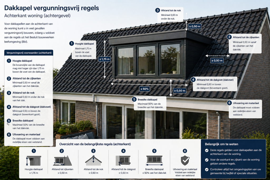 Uitlegafbeelding met vergunningsvrije regels voor een dakkapel aan de achterkant van een woning